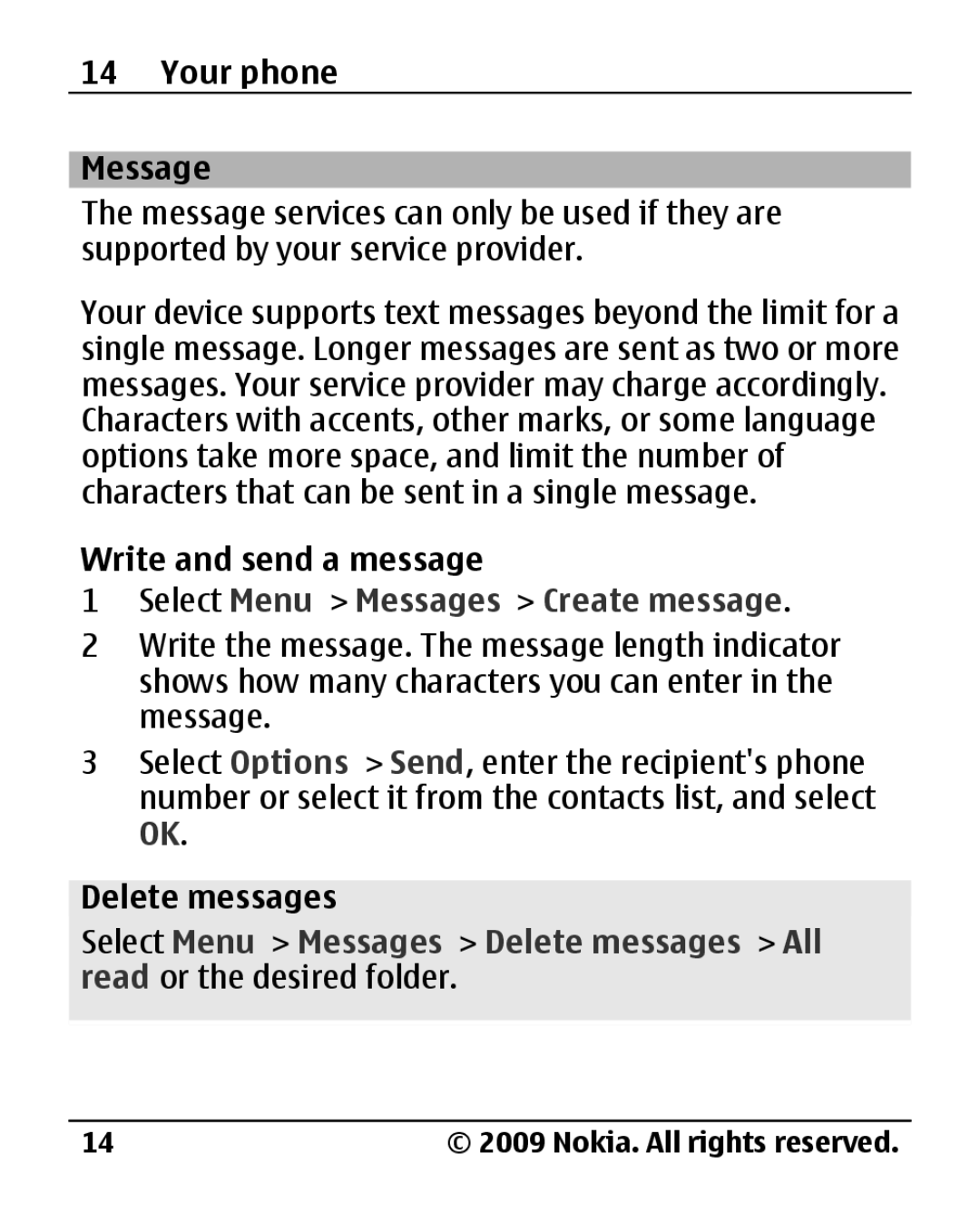 Nokia 1800 manual Your phone Message, Write and send a message, Select Menu Messages Create message, Delete messages 