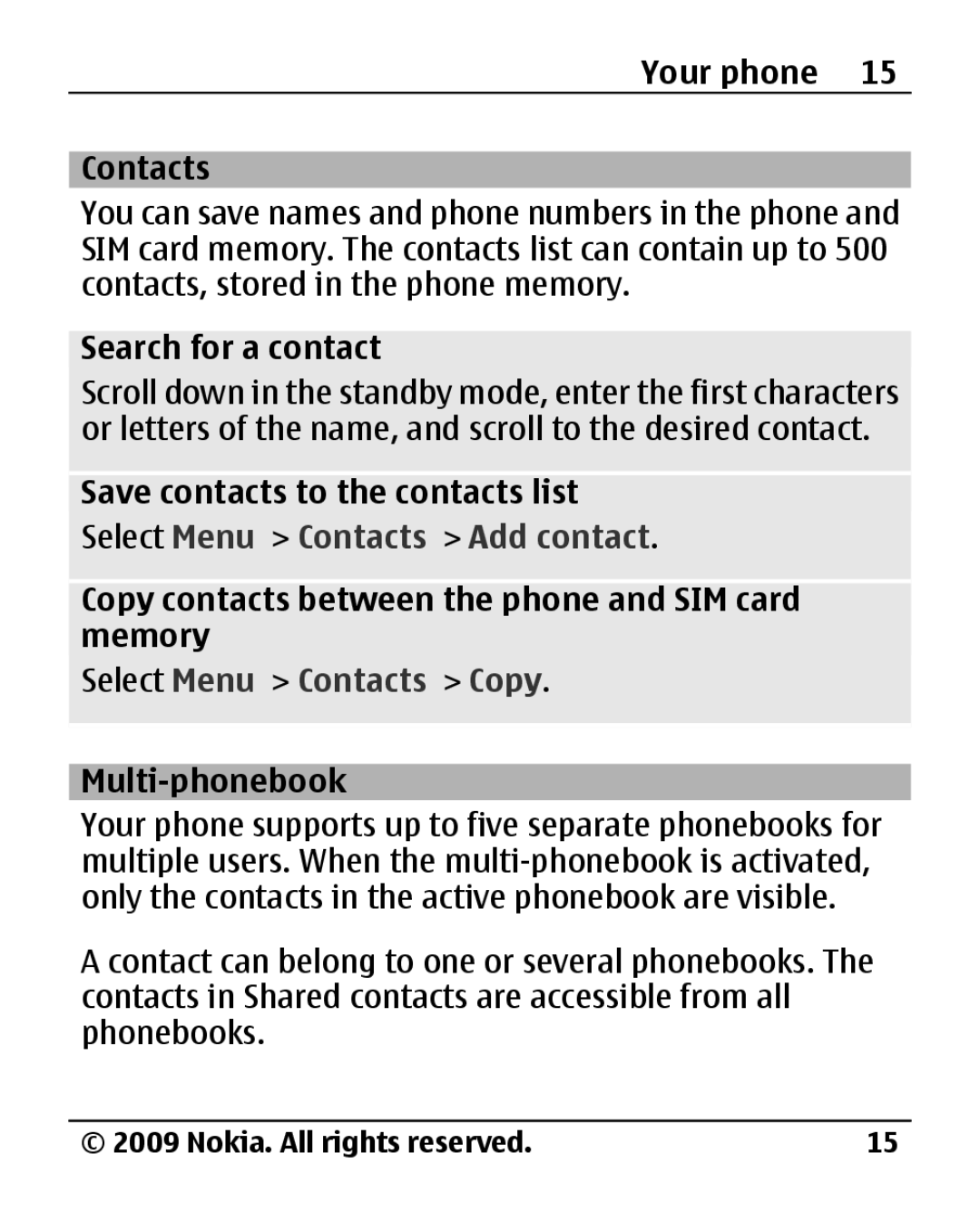 Nokia 1800 Your phone Contacts, Search for a contact, Copy contacts between the phone and SIM card memory, Multi-phonebook 