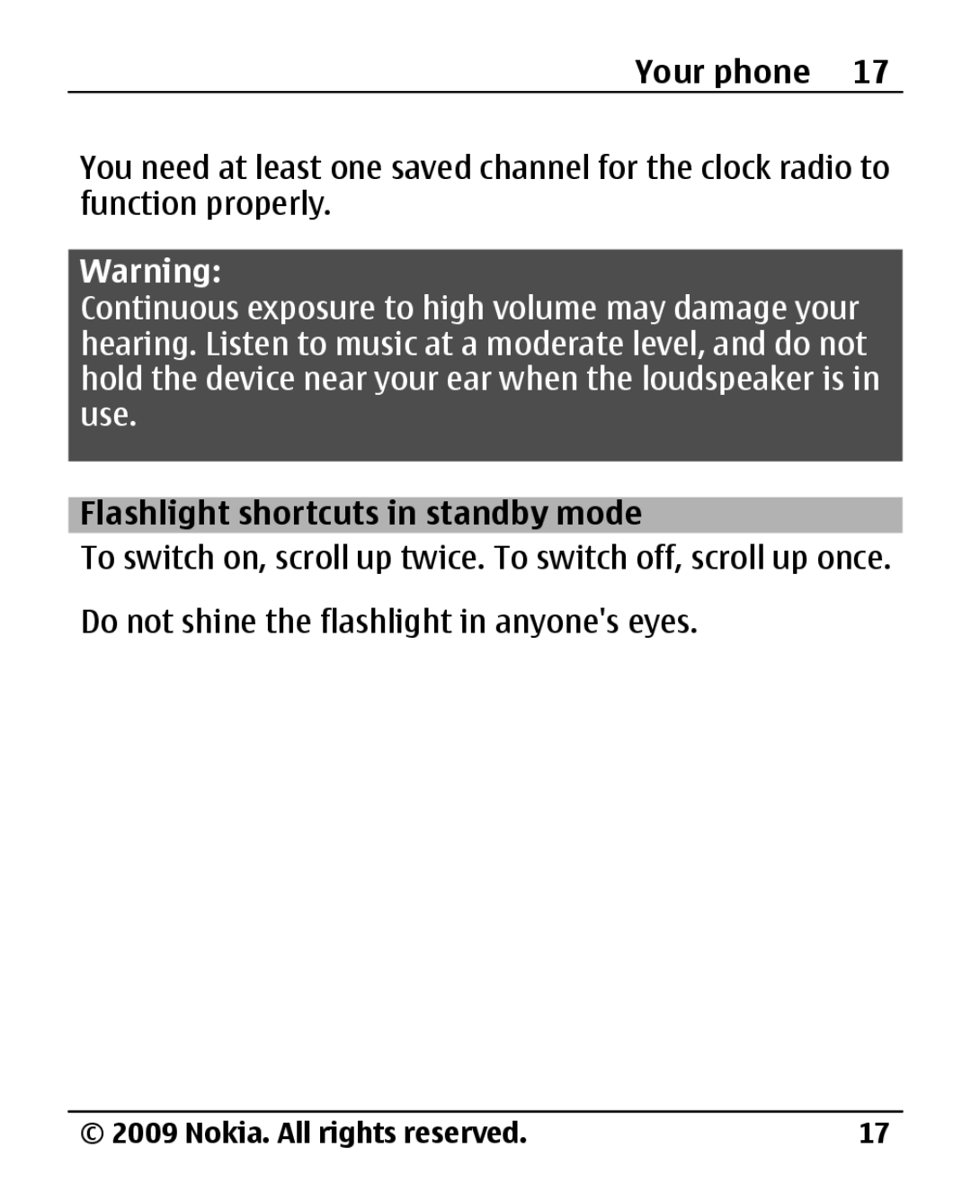 Nokia 1800 manual Flashlight shortcuts in standby mode 