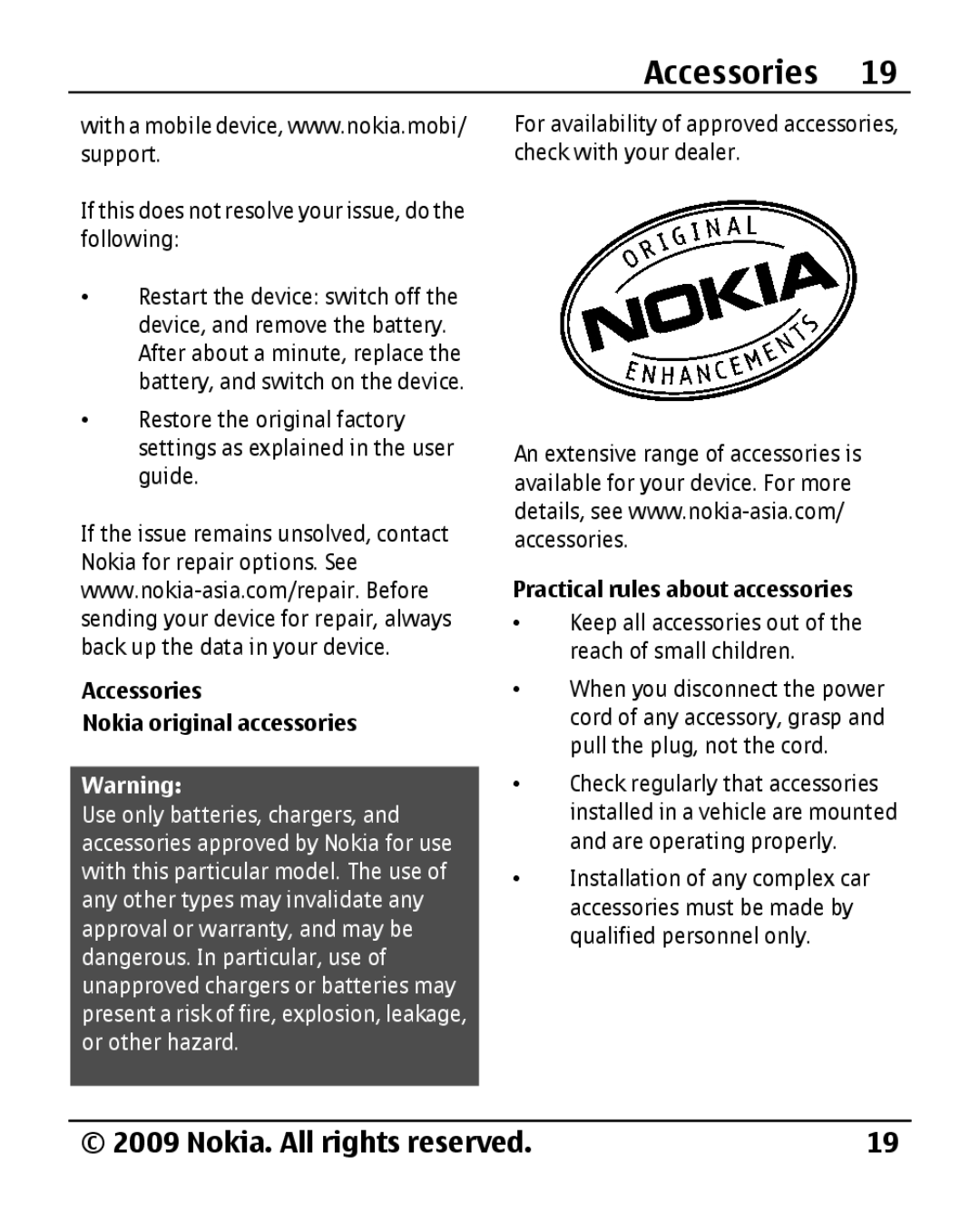 Nokia 1800 manual Accessories Nokia original accessories, Practical rules about accessories 