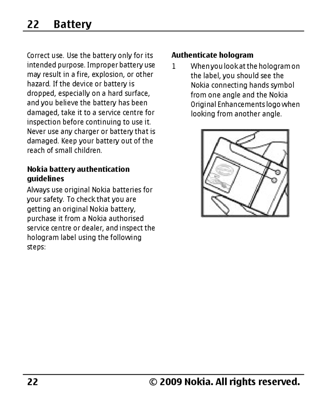 Nokia 1800 manual Nokia battery authentication guidelines, Authenticate hologram 