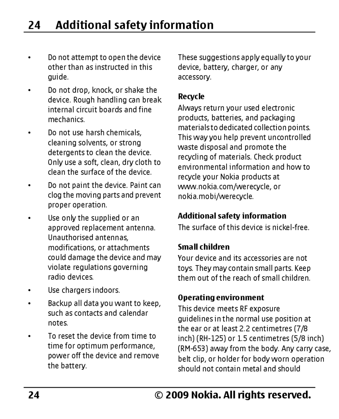 Nokia 1800 manual Recycle Additional safety information, Small children, Operating environment 