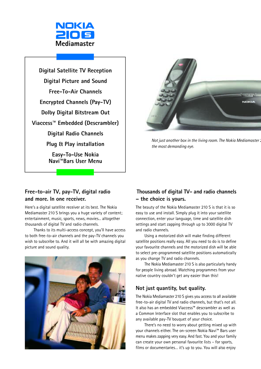 Nokia 210S manual Viaccess Embedded Descrambler, Thousands of digital TV- and radio channels Choice is yours 