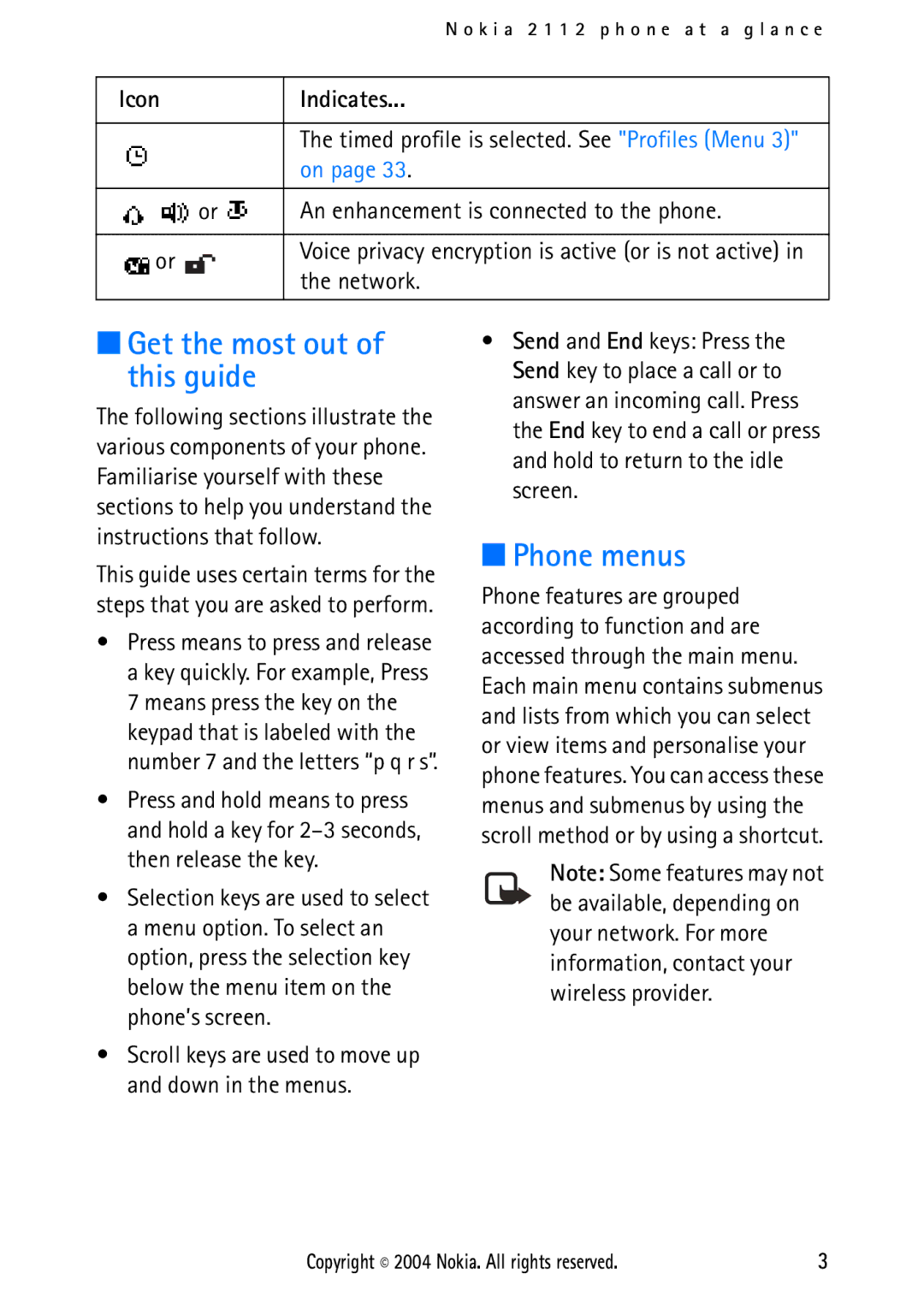 Nokia 2112 manual Get the most out of this guide, Phone menus, An enhancement is connected to the phone, Network 