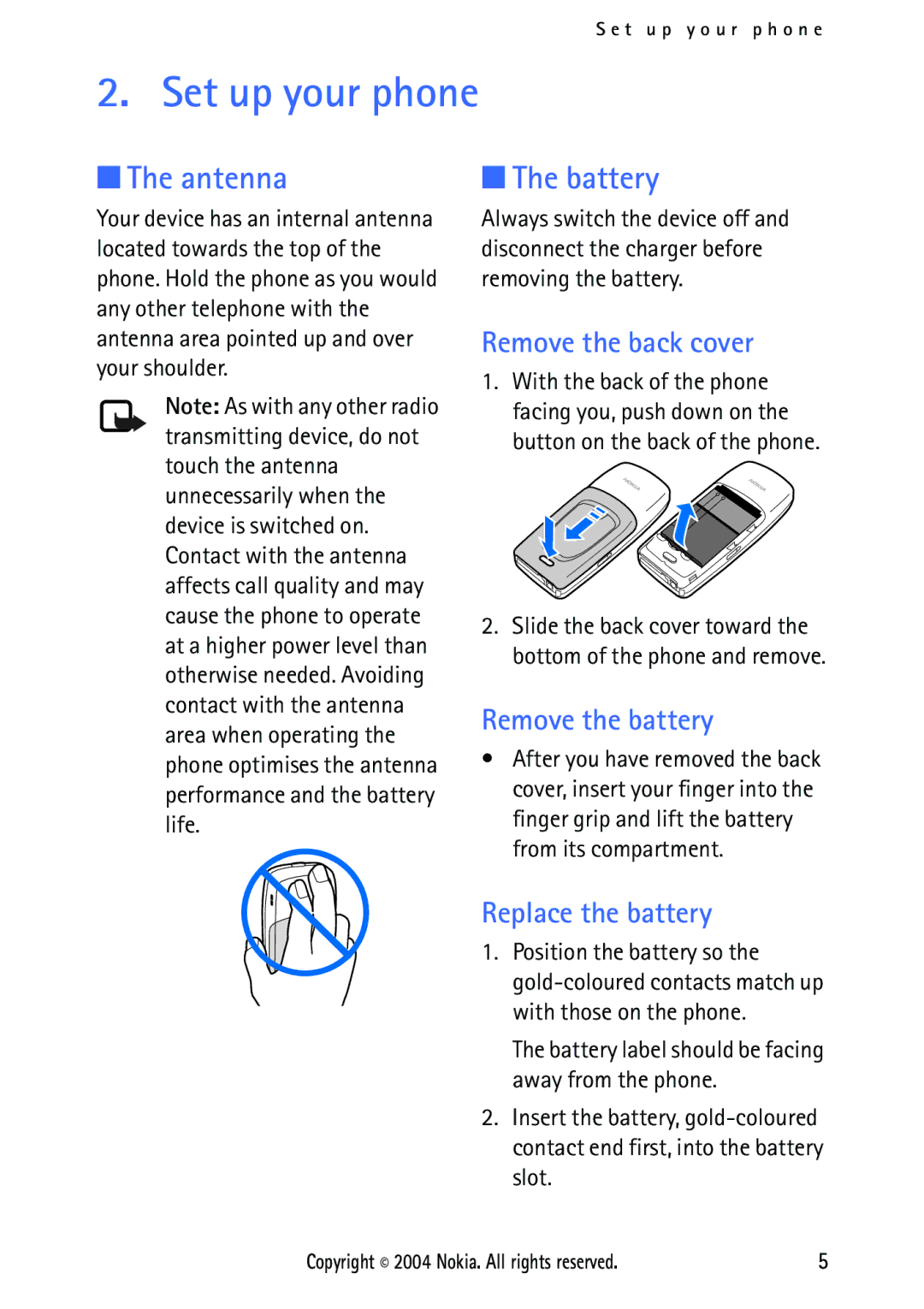 Nokia 2112 manual Set up your phone, Antenna, Battery 