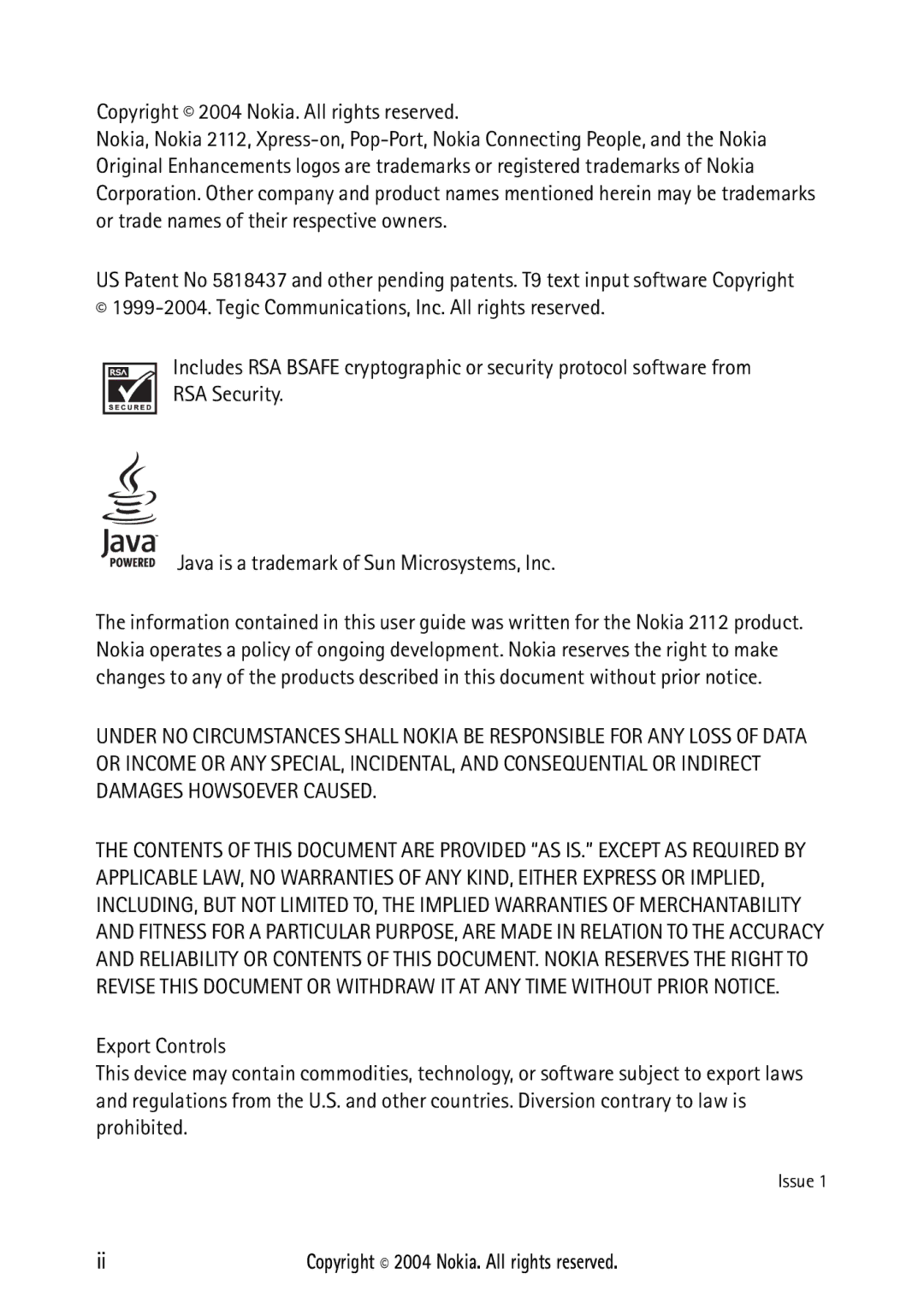 Nokia 2112 manual Copyright 2004 Nokia. All rights reserved 