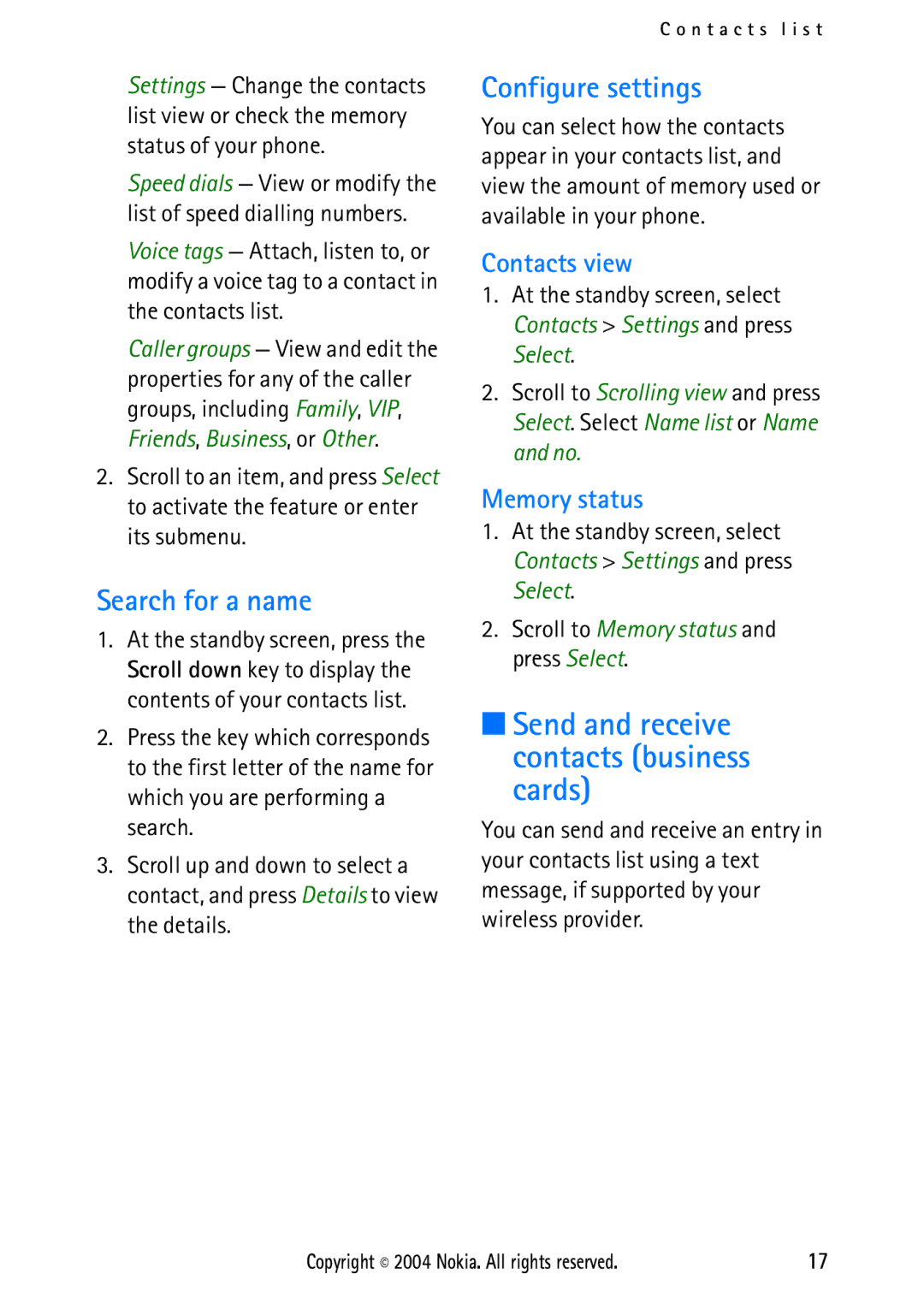 Nokia 2112 Search for a name, Configure settings, Send and receive contacts business cards, Contacts view, Memory status 