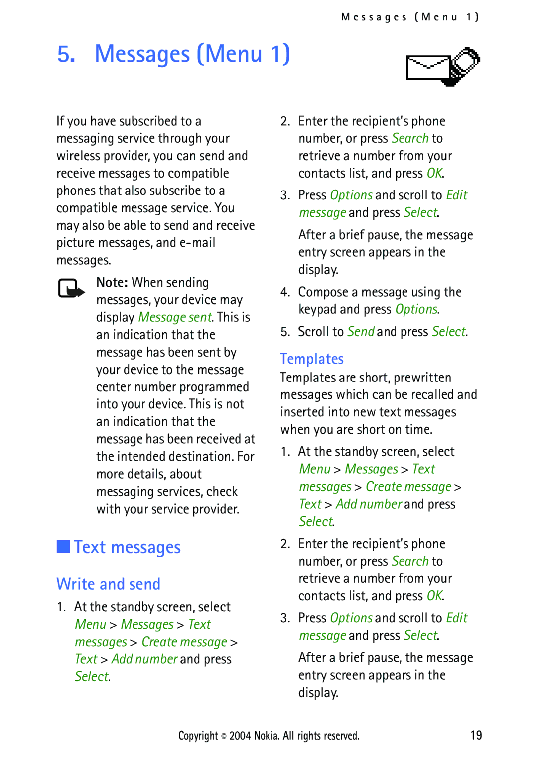 Nokia 2112 manual Messages Menu, Text messages, Write and send, Templates, Scroll to Send and press Select 