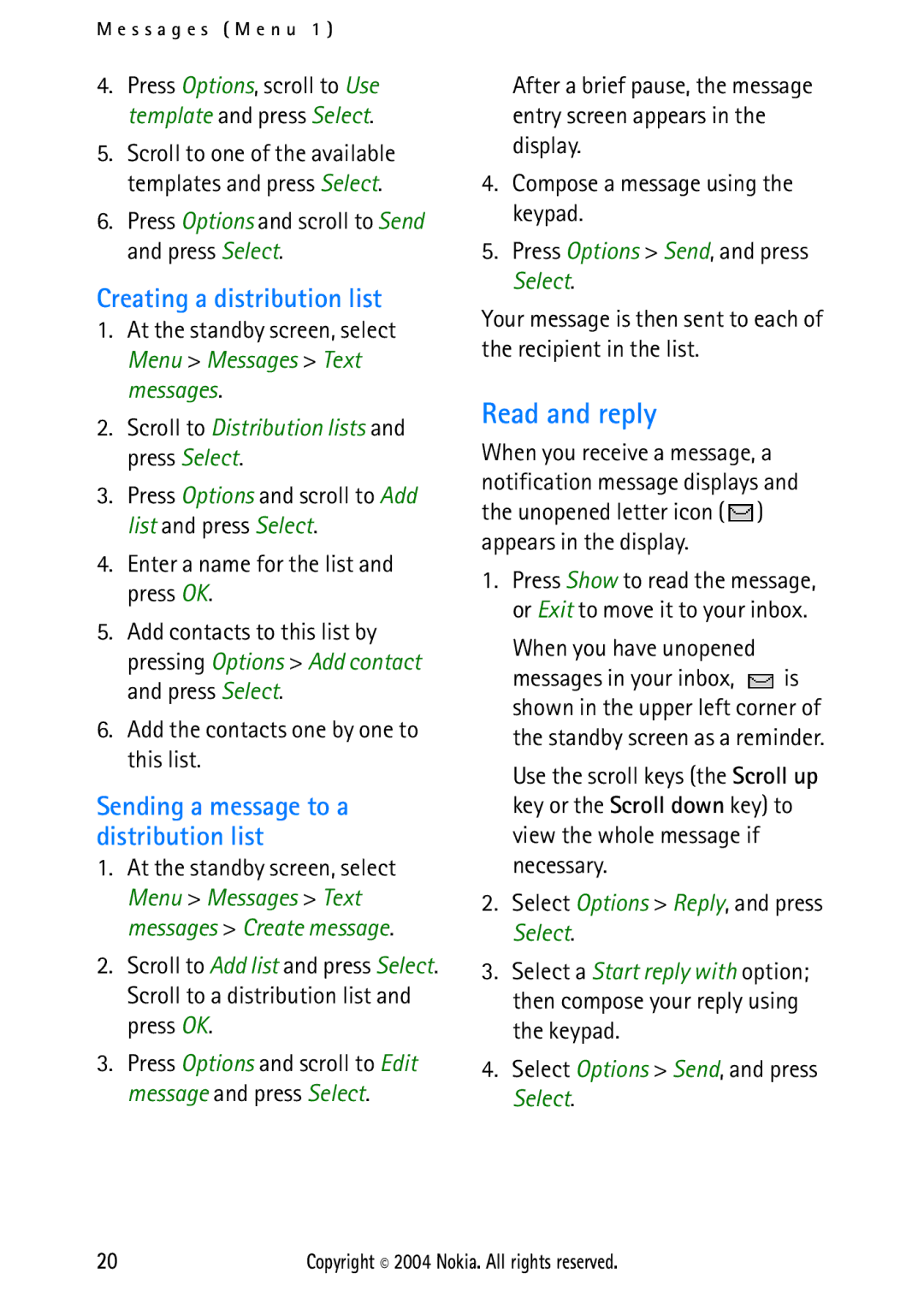 Nokia 2112 manual Read and reply, Creating a distribution list, Sending a message to a distribution list 