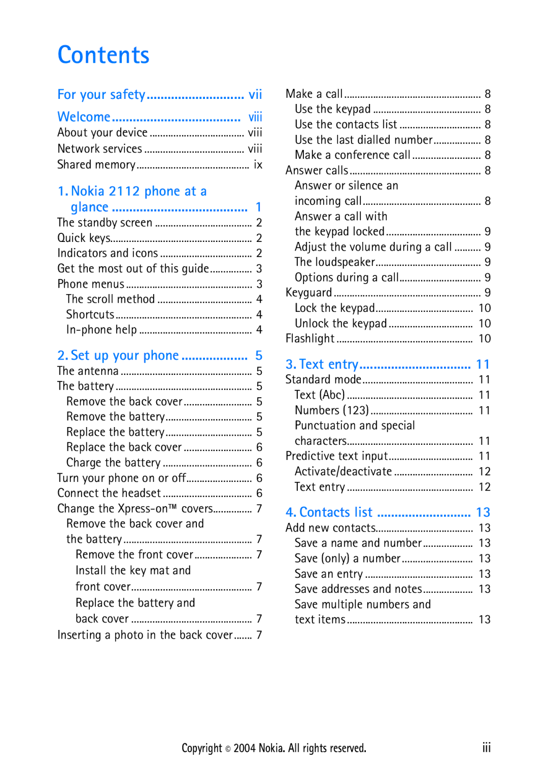 Nokia 2112 manual Contents 