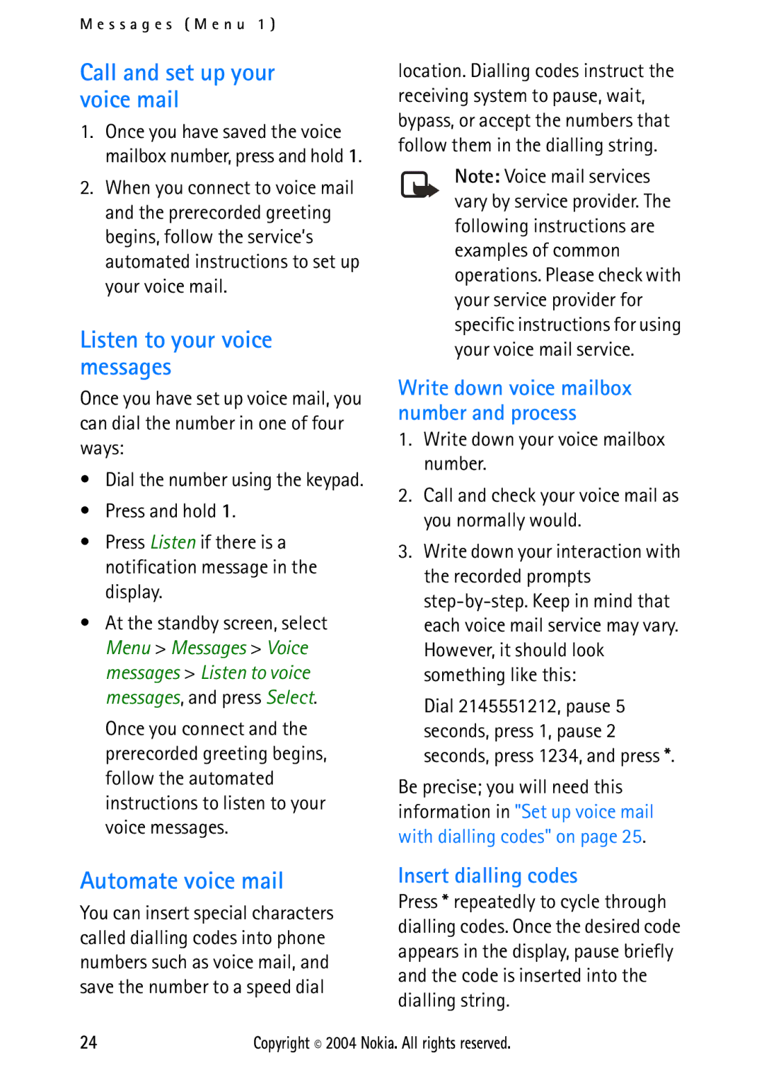 Nokia 2112 Call and set up your voice mail, Listen to your voice messages, Automate voice mail, Insert dialling codes 