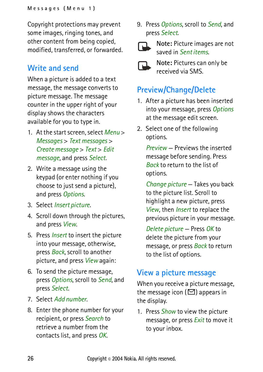 Nokia 2112 manual Preview/Change/Delete, View a picture message, Select Insert picture, Select Add number 