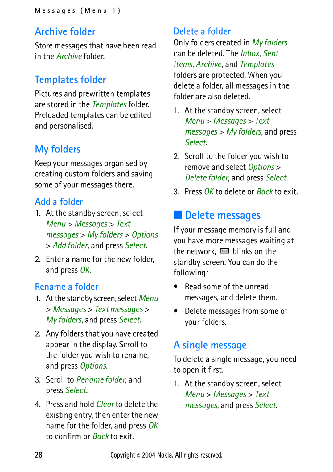 Nokia 2112 manual Delete messages, Archive folder, Templates folder, My folders, Single message 