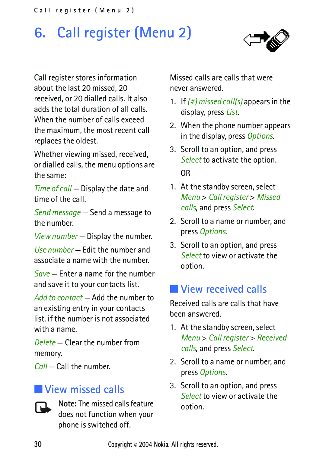 Nokia 2112 manual Call register Menu, View missed calls, View received calls, Send message Send a message to the number 