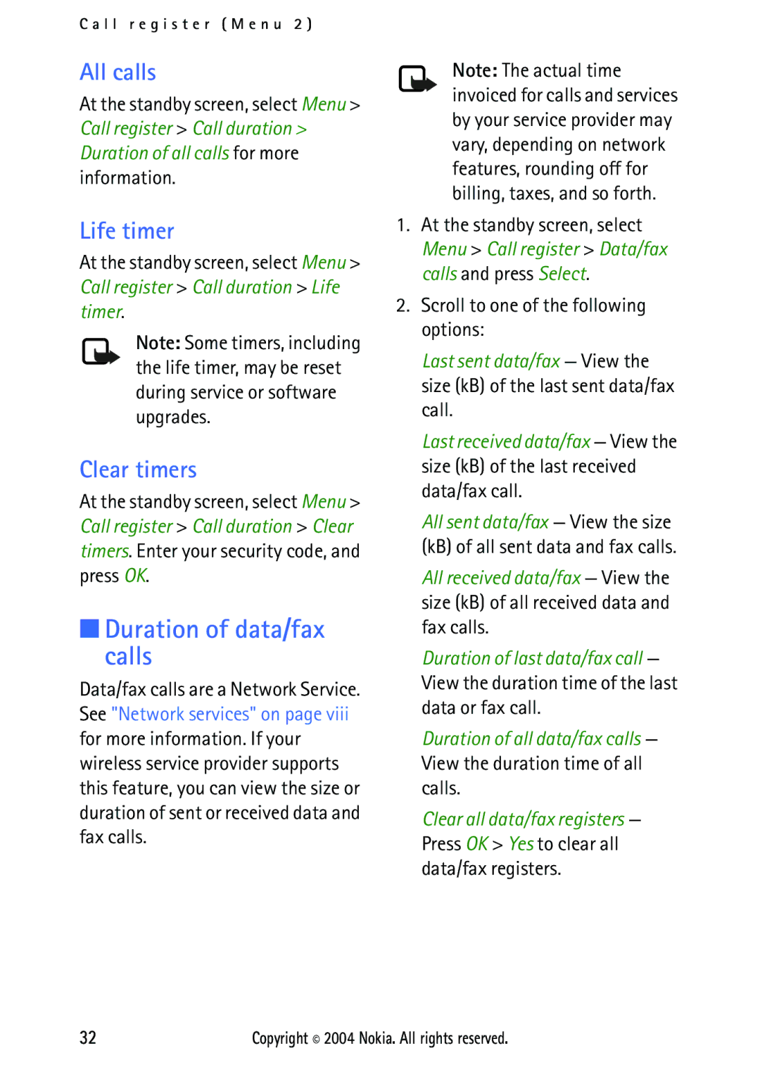 Nokia 2112 manual Duration of data/fax calls, All calls, Life timer, Clear timers, Scroll to one of the following options 