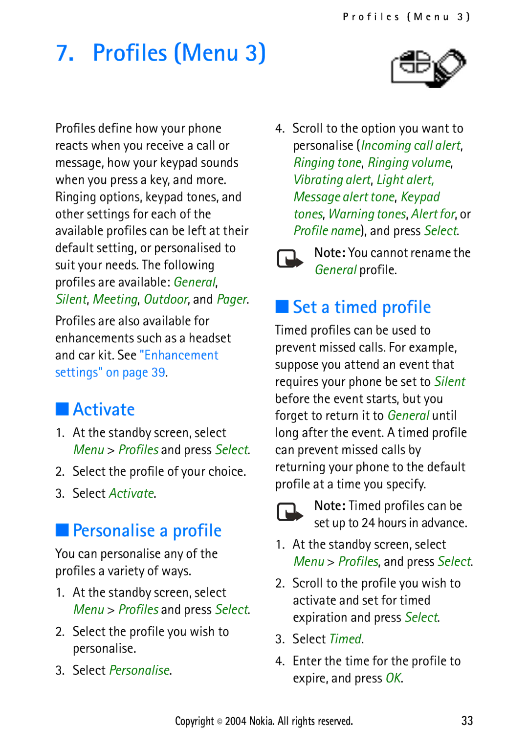 Nokia 2112 manual Profiles Menu, Activate, Personalise a profile, Set a timed profile, Select Personalise 