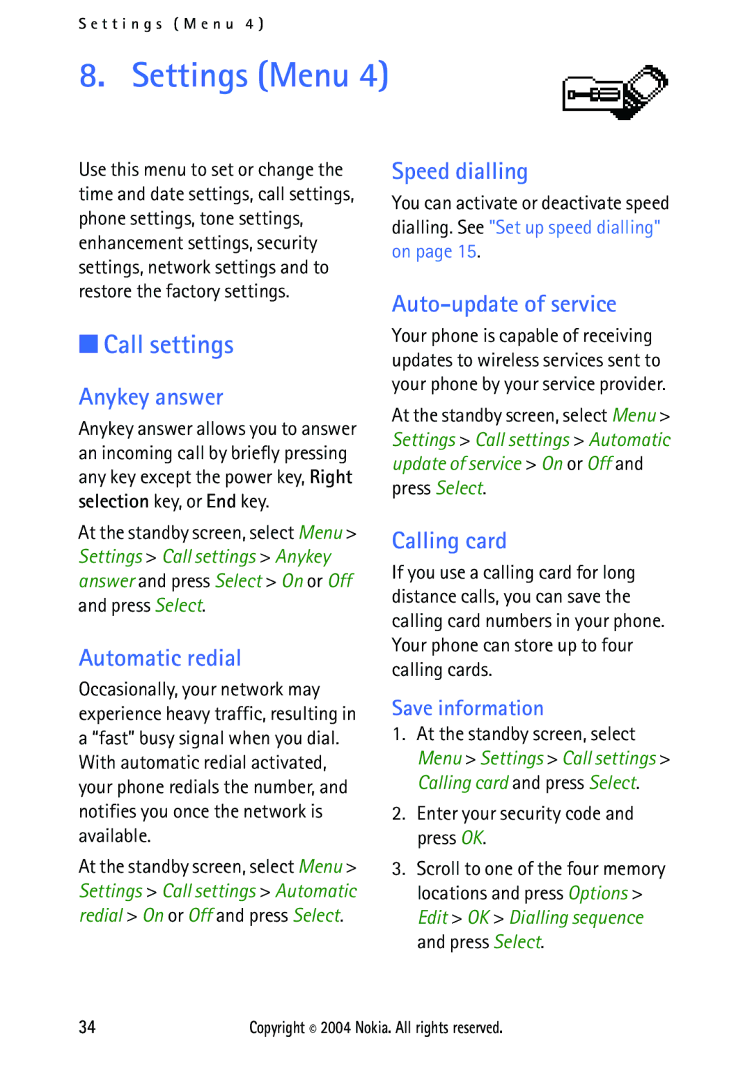 Nokia 2112 manual Settings Menu, Call settings 