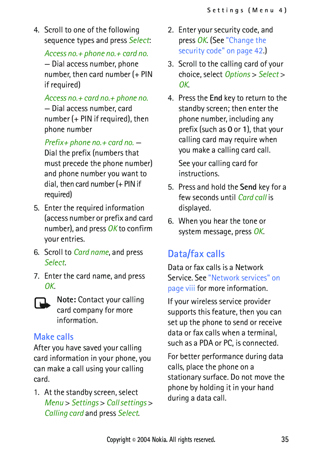 Nokia 2112 manual Data/fax calls, Make calls 