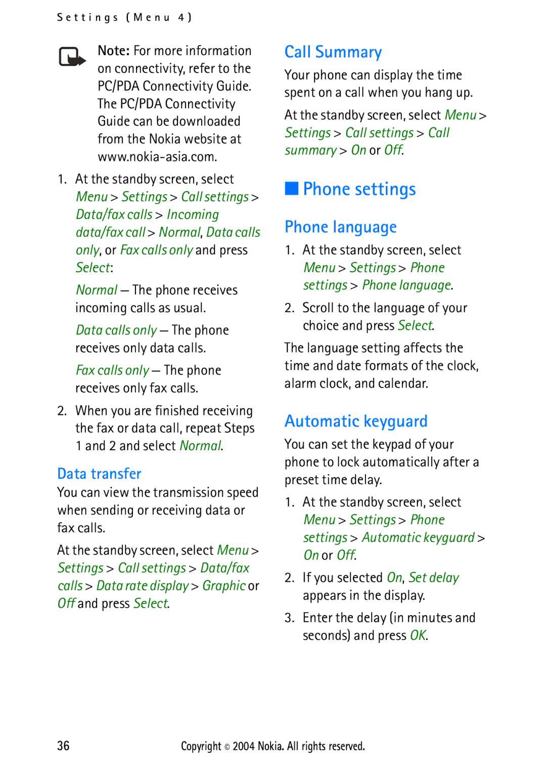 Nokia 2112 manual Phone settings, Call Summary, Phone language, Automatic keyguard, Data transfer 