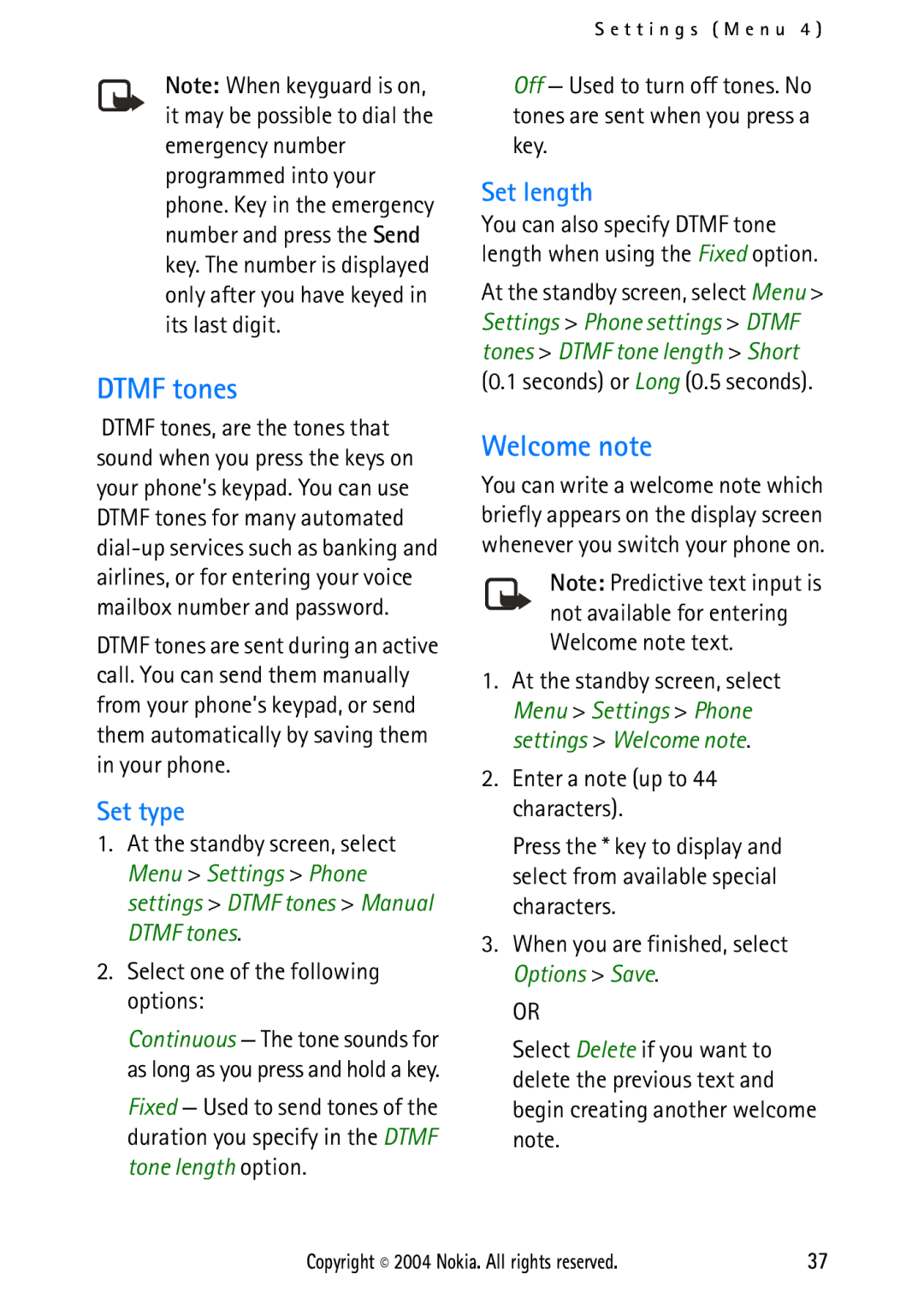 Nokia 2112 manual Dtmf tones, Welcome note, Set type, Set length 