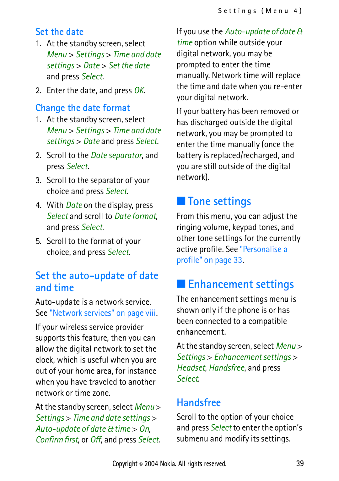 Nokia 2112 manual Tone settings, Enhancement settings, Set the auto-update of date and time, Handsfree 