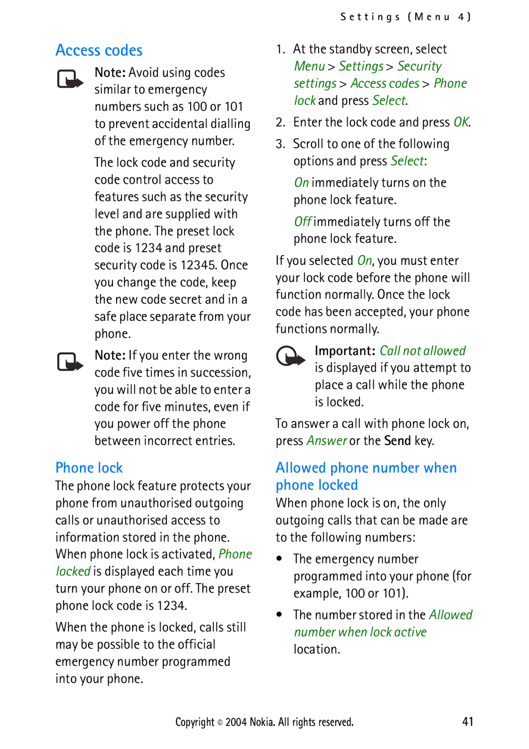 Nokia 2112 manual Access codes, Phone lock, Allowed phone number when phone locked, Enter the lock code and press OK 