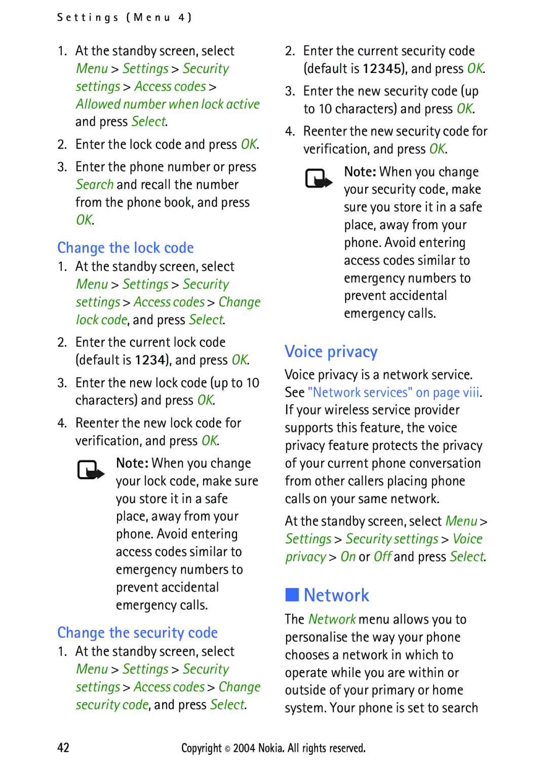 Nokia 2112 manual Network, Voice privacy, Change the lock code, Change the security code 