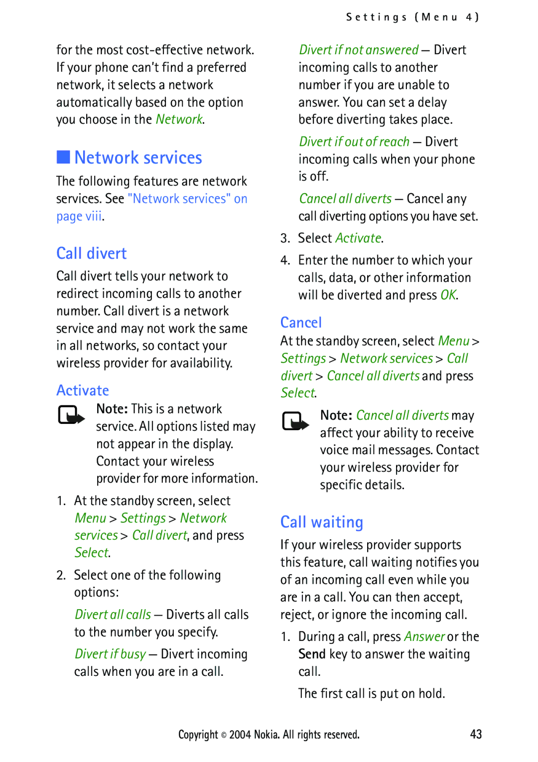 Nokia 2112 manual Call divert, Call waiting, Activate, Cancel 