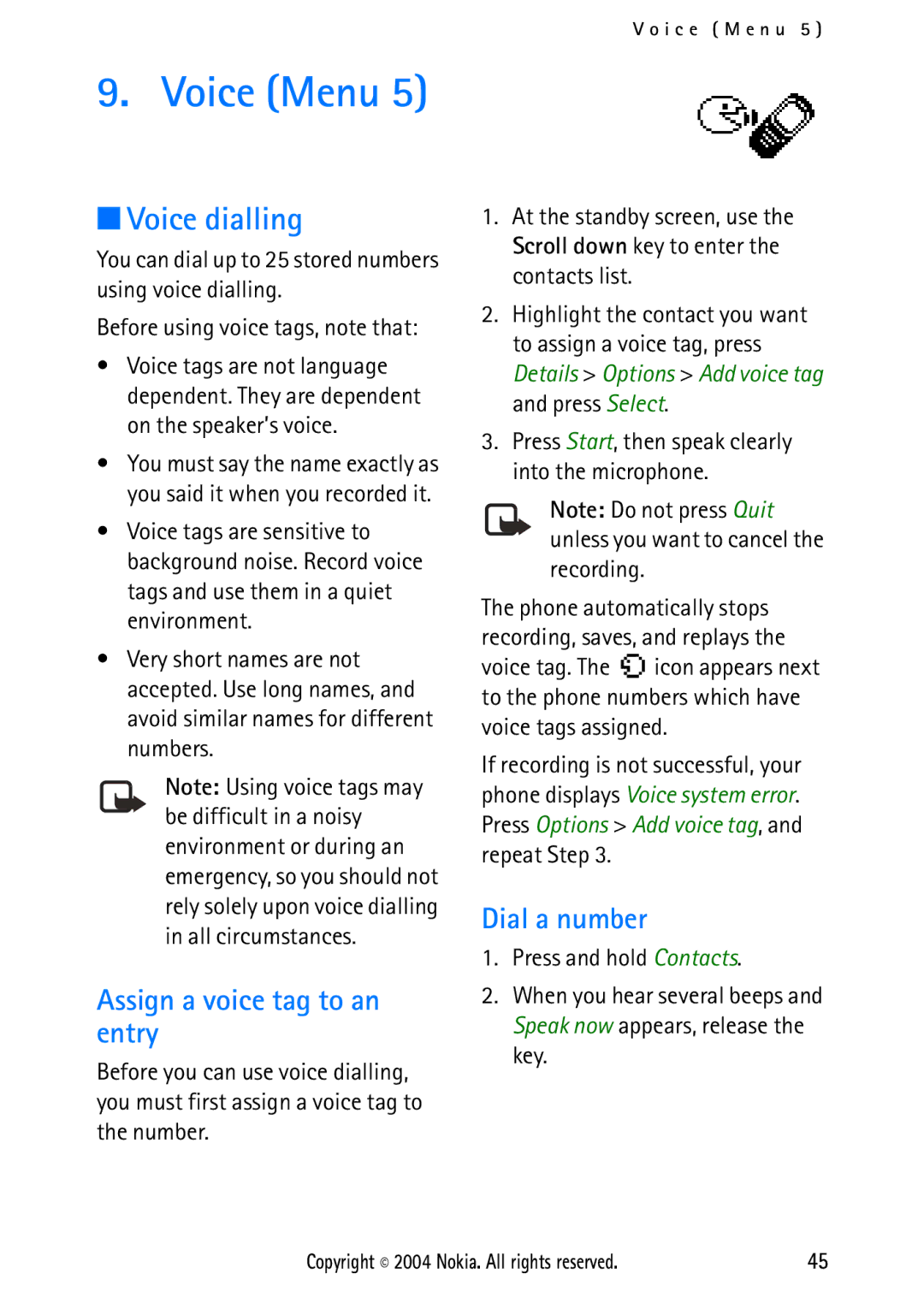 Nokia 2112 manual Voice Menu, Voice dialling, Assign a voice tag to an entry, Dial a number 