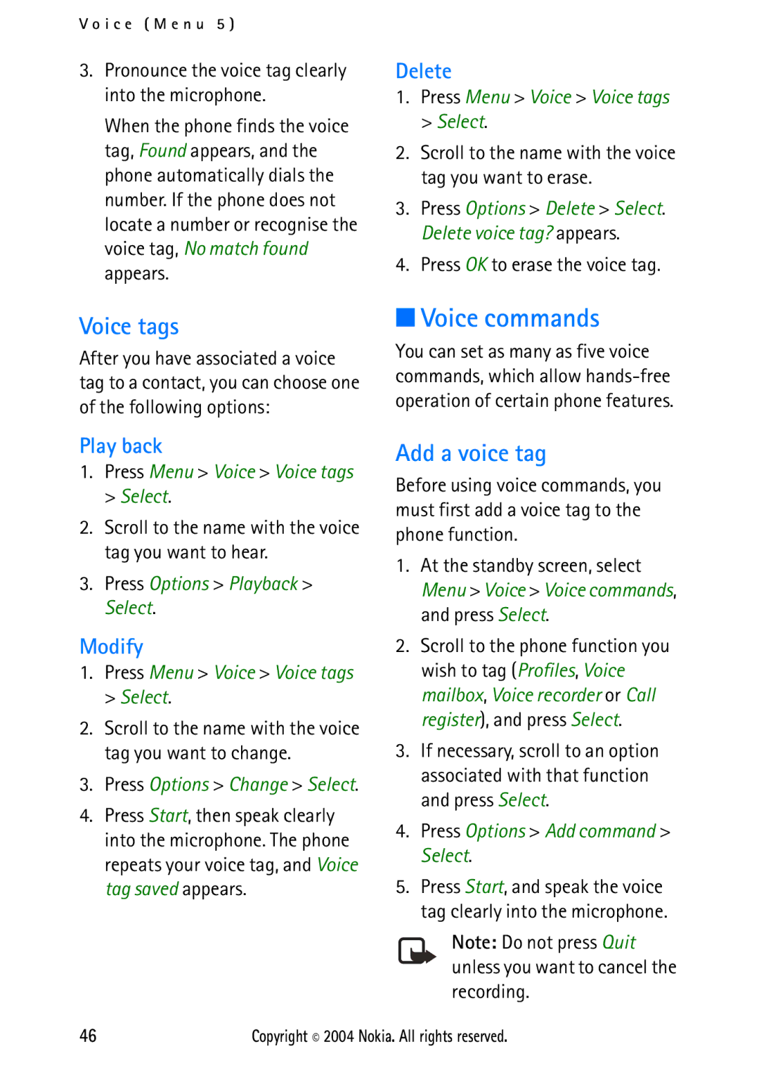 Nokia 2112 manual Voice commands, Voice tags, Add a voice tag 