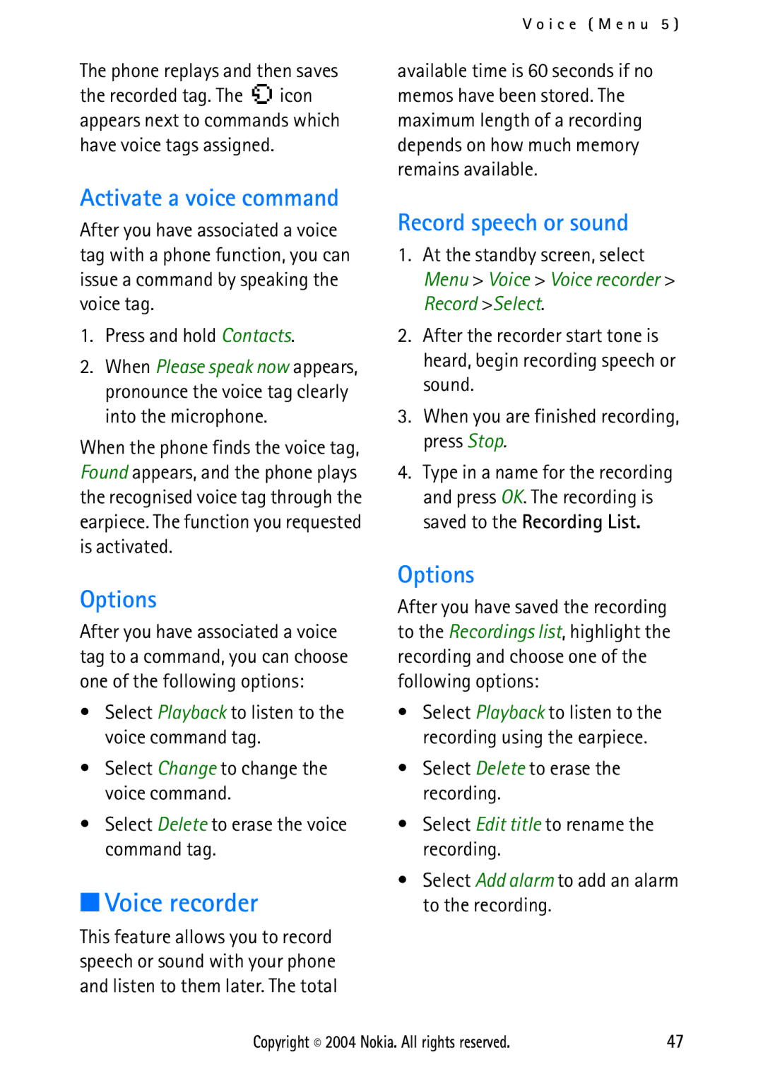 Nokia 2112 Voice recorder, Activate a voice command, Record speech or sound, Select Edit title to rename the recording 