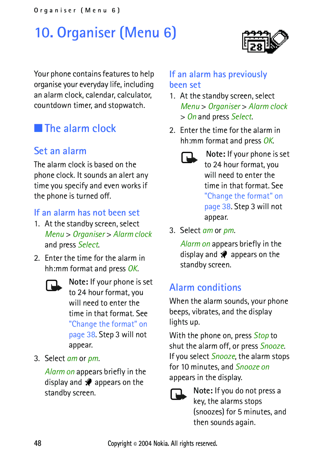 Nokia 2112 manual Organiser Menu, Alarm clock, Set an alarm, Alarm conditions 