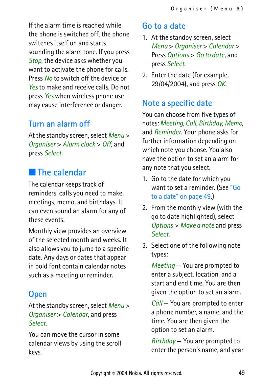 Nokia 2112 manual Calendar, Turn an alarm off, Open, Go to a date 