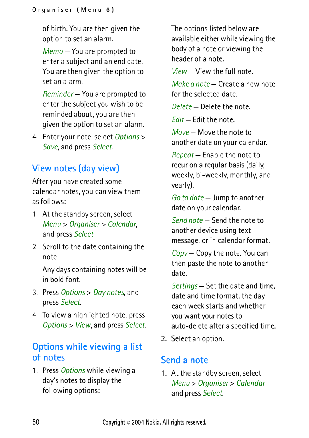 Nokia 2112 manual View notes day view, Options while viewing a list of notes, Send a note 