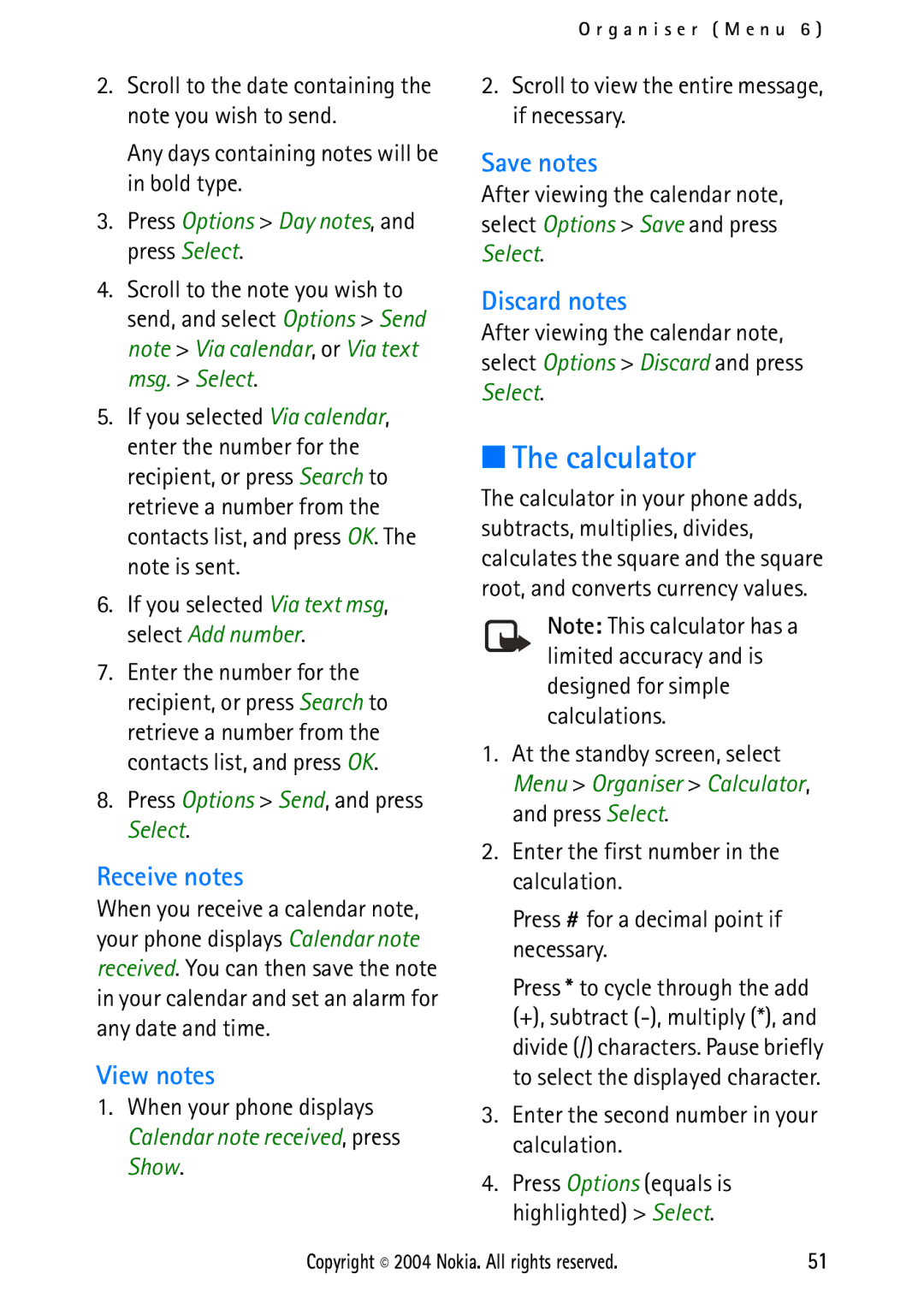 Nokia 2112 manual Calculator, Receive notes, View notes, Save notes, Discard notes 