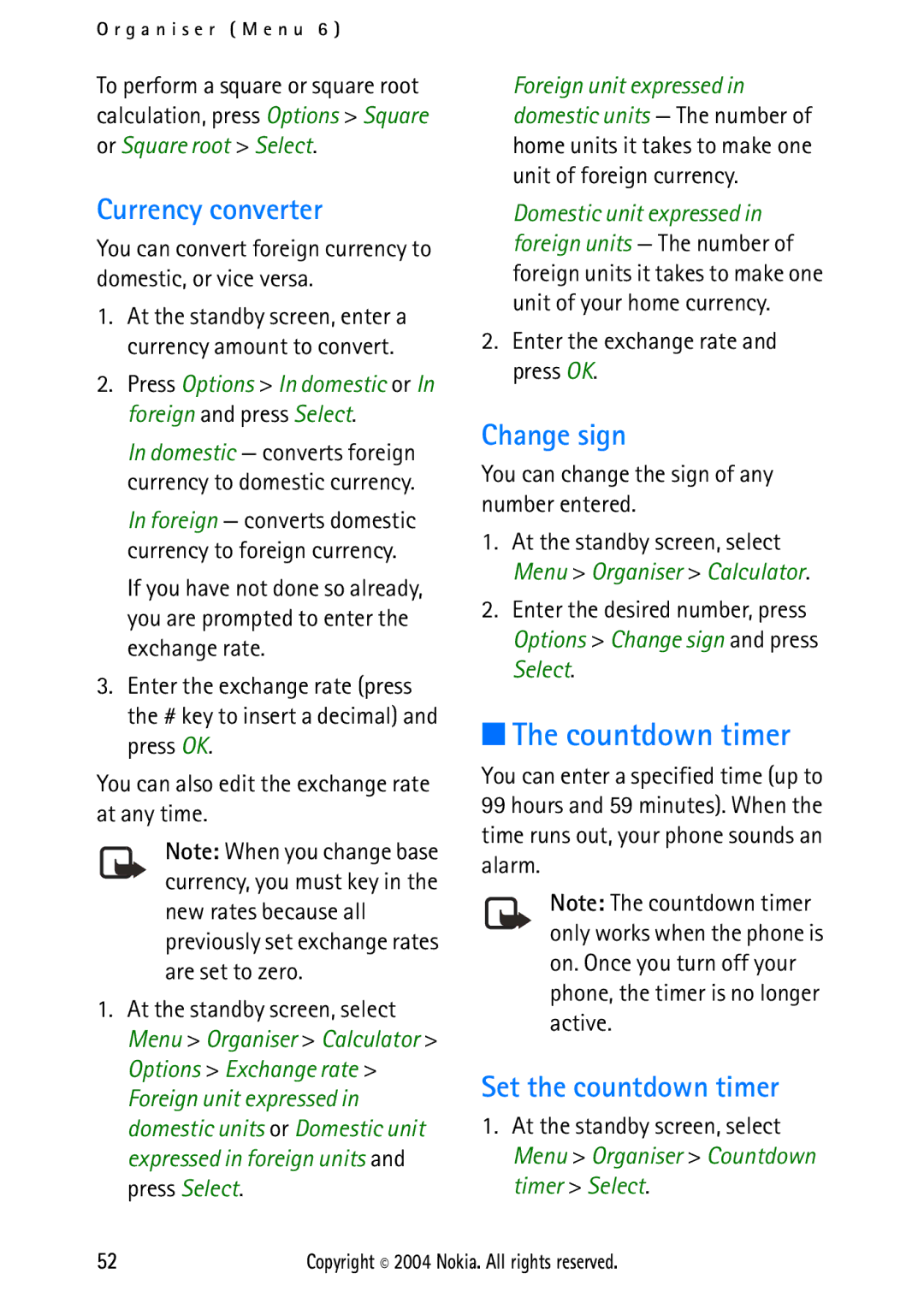 Nokia 2112 manual Countdown timer, Currency converter, Change sign, Set the countdown timer 