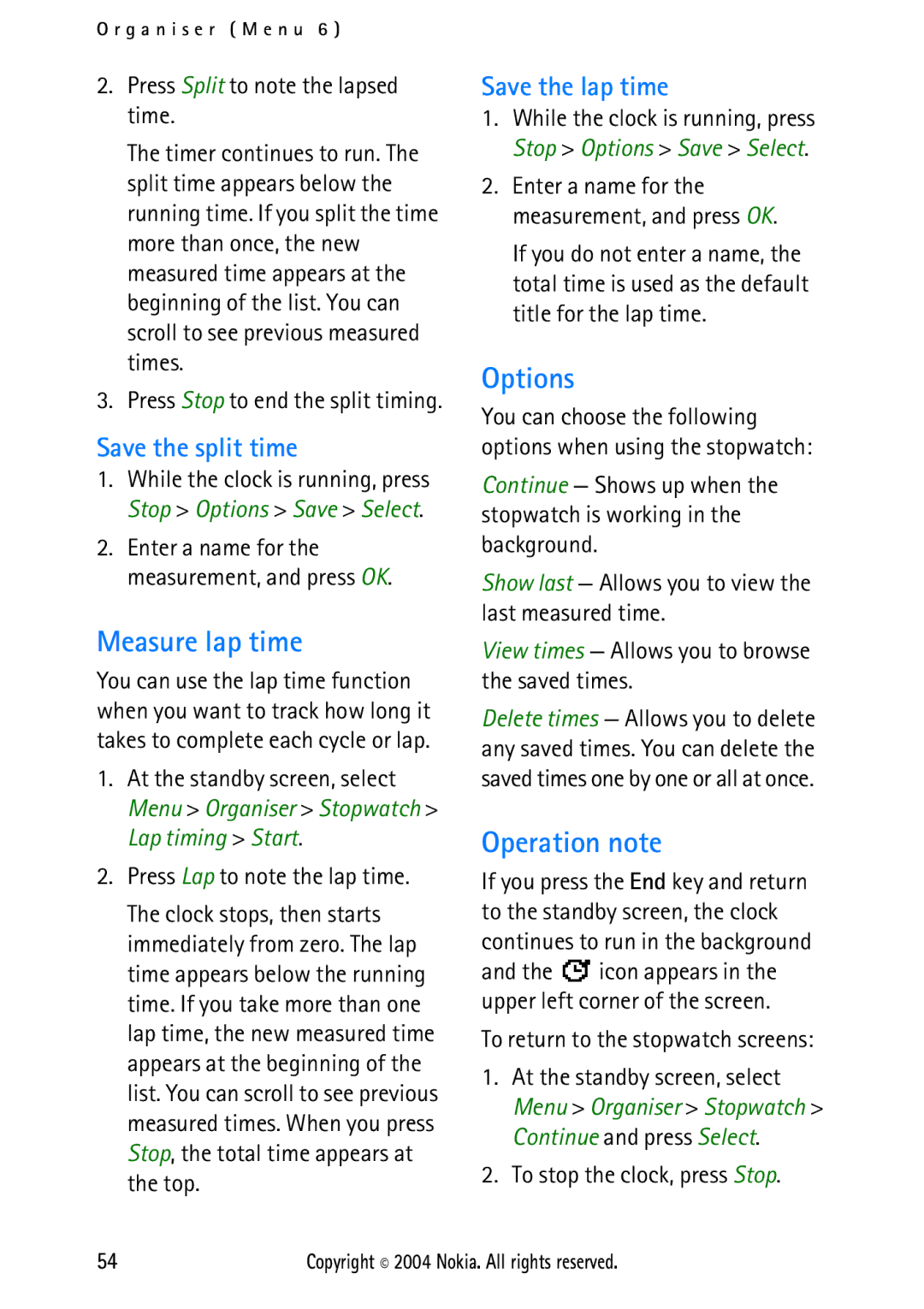 Nokia 2112 manual Measure lap time, Operation note, Save the split time, Save the lap time 