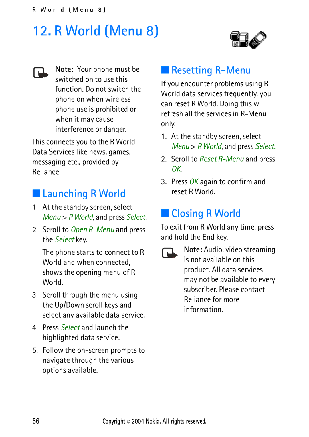 Nokia 2112 manual World Menu, Launching R World, Resetting R-Menu, Closing R World 