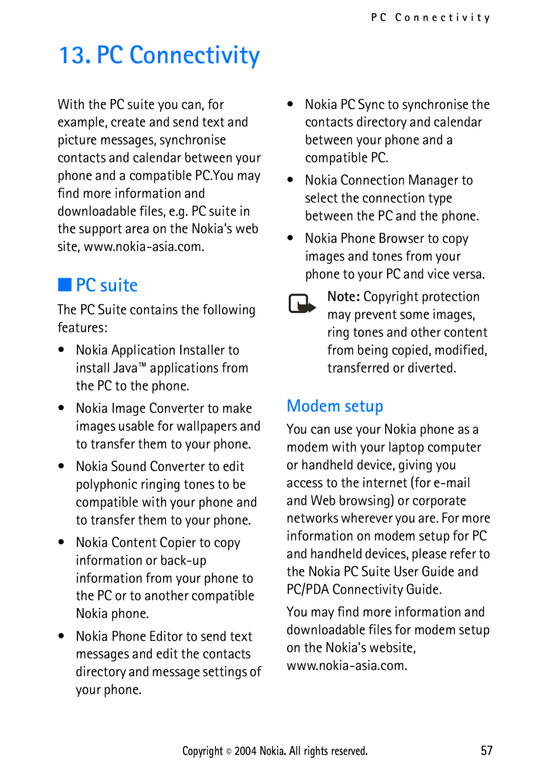 Nokia 2112 manual PC Connectivity, PC suite, Modem setup, PC Suite contains the following features 