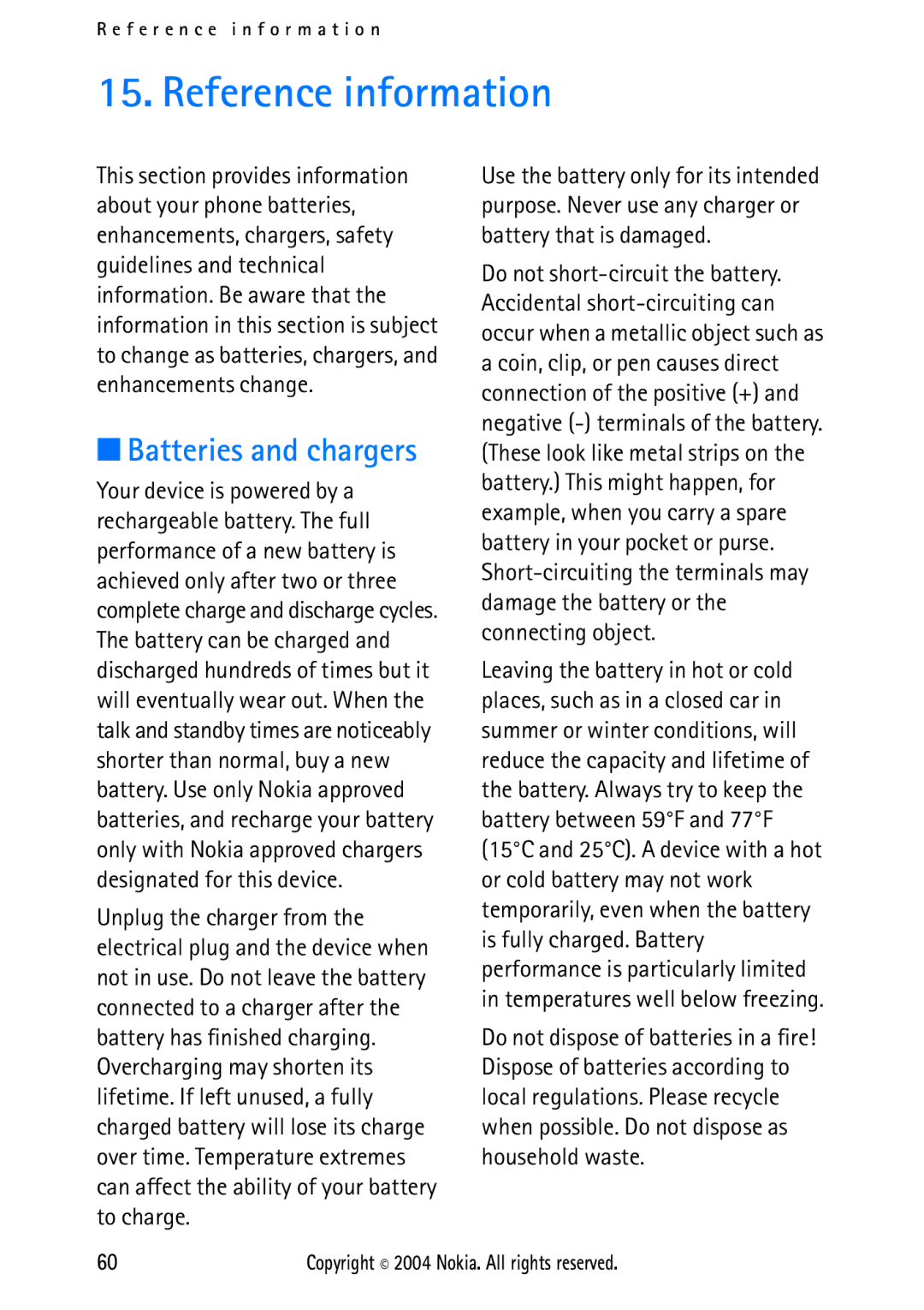 Nokia 2112 manual Reference information, Batteries and chargers 