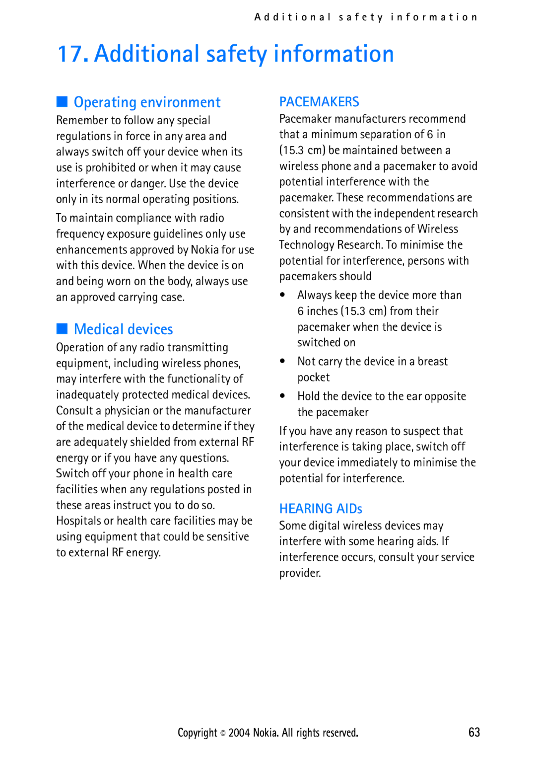 Nokia 2112 manual Additional safety information, Operating environment, Medical devices 