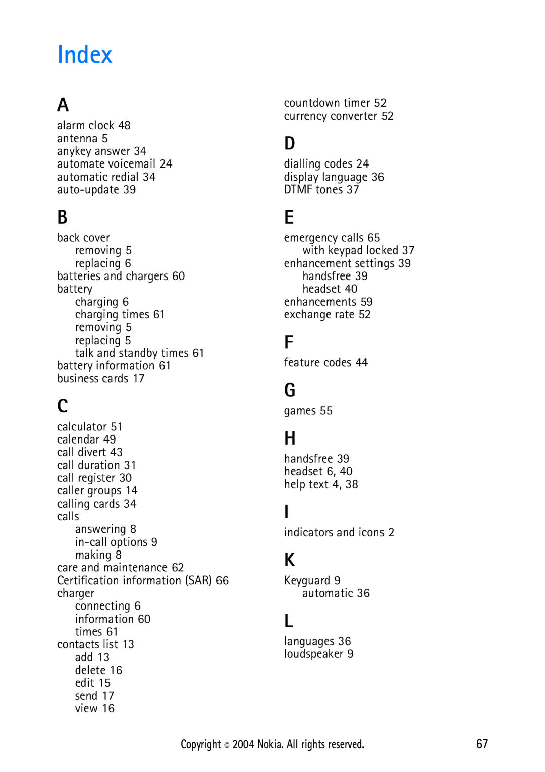 Nokia 2112 manual Index, Dialling codes 24 display language 36 Dtmf tones, Enhancement settings 39 handsfree 39 headset 