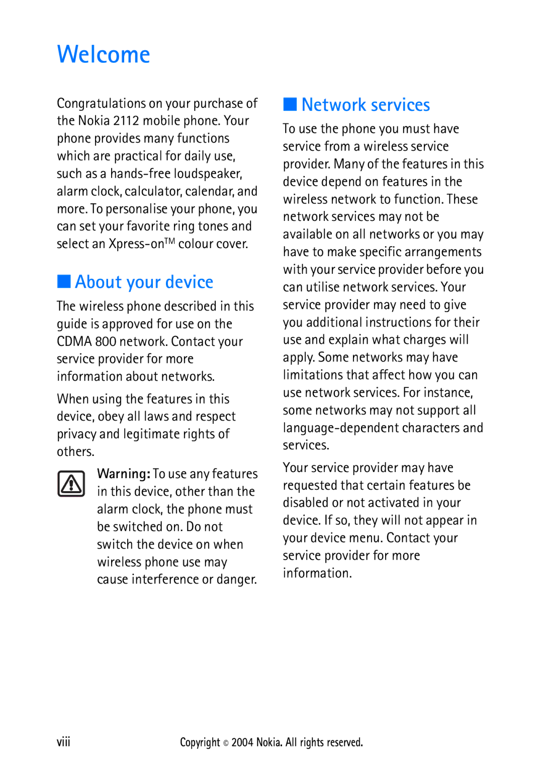 Nokia 2112 manual Welcome, About your device, Network services 