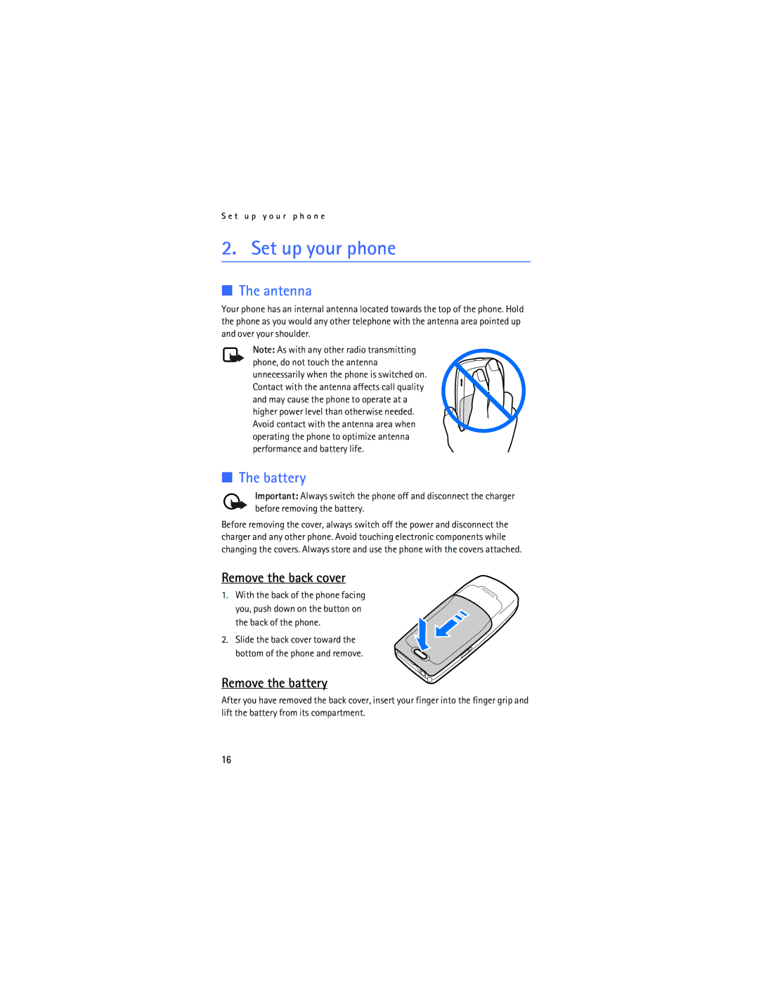 Nokia 2115i manual Set up your phone, Antenna, Battery, Remove the back cover, Remove the battery 