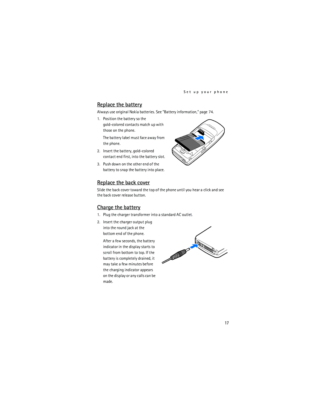 Nokia 2115i manual Replace the battery, Replace the back cover, Charge the battery 