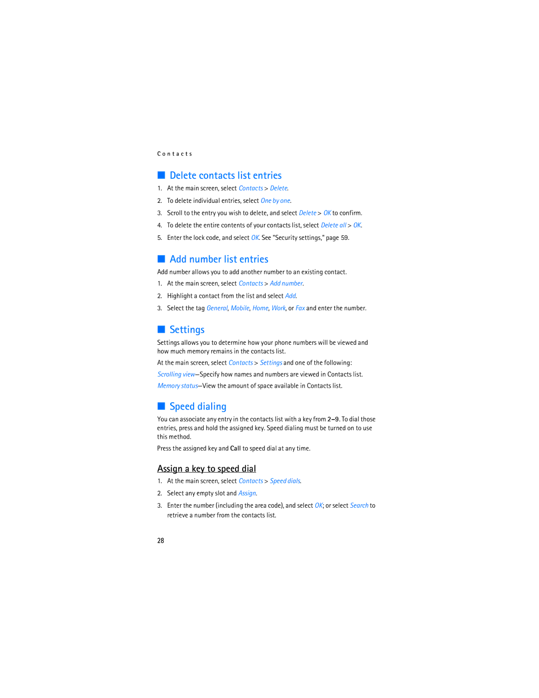 Nokia 2115i Delete contacts list entries, Add number list entries, Settings, Speed dialing, Assign a key to speed dial 