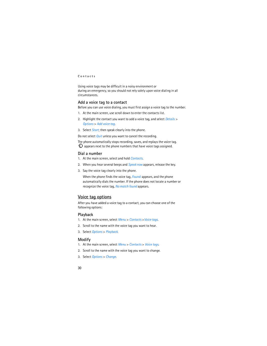 Nokia 2115i manual Voice tag options, Add a voice tag to a contact, Dial a number, Playback, Modify 