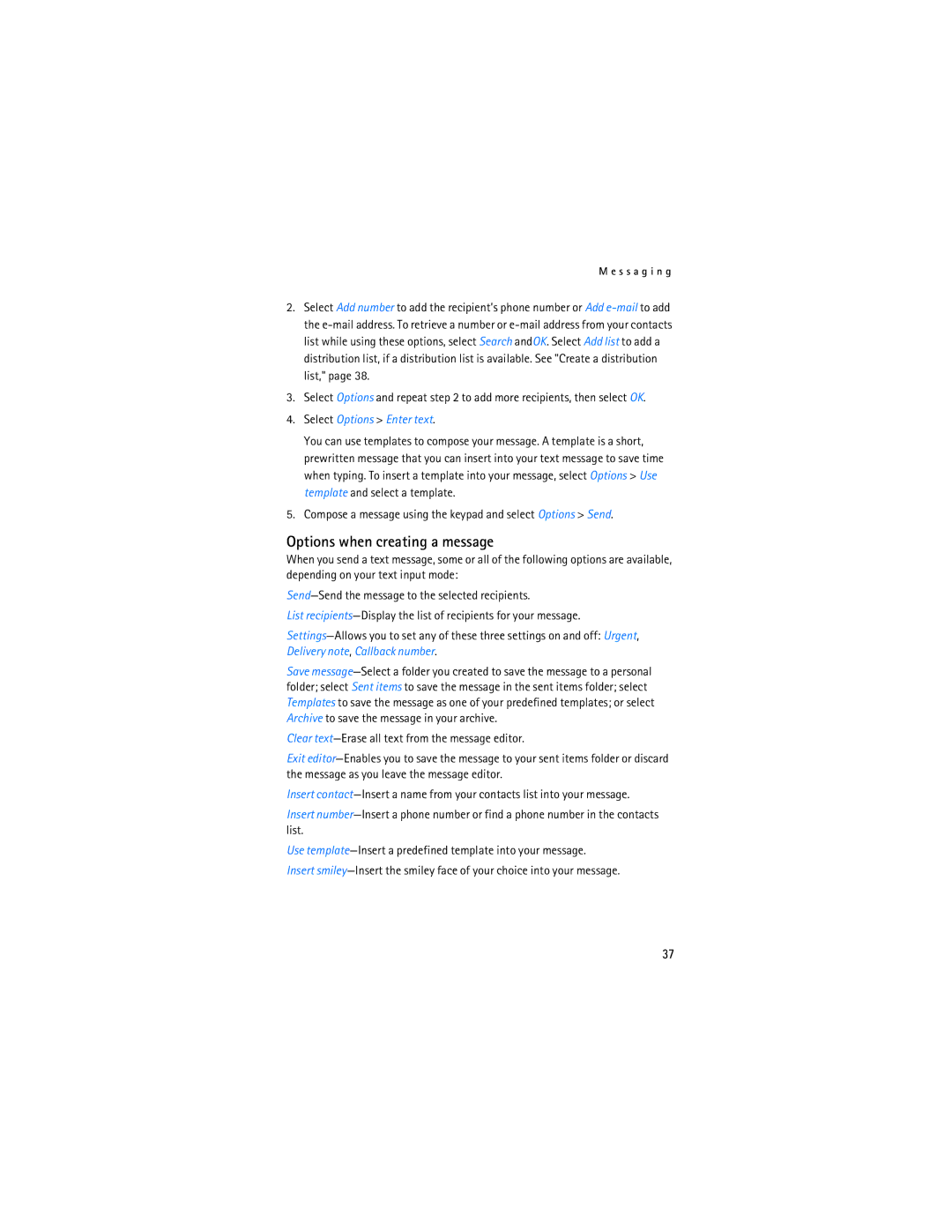 Nokia 2115i manual Options when creating a message, Select Options Enter text 