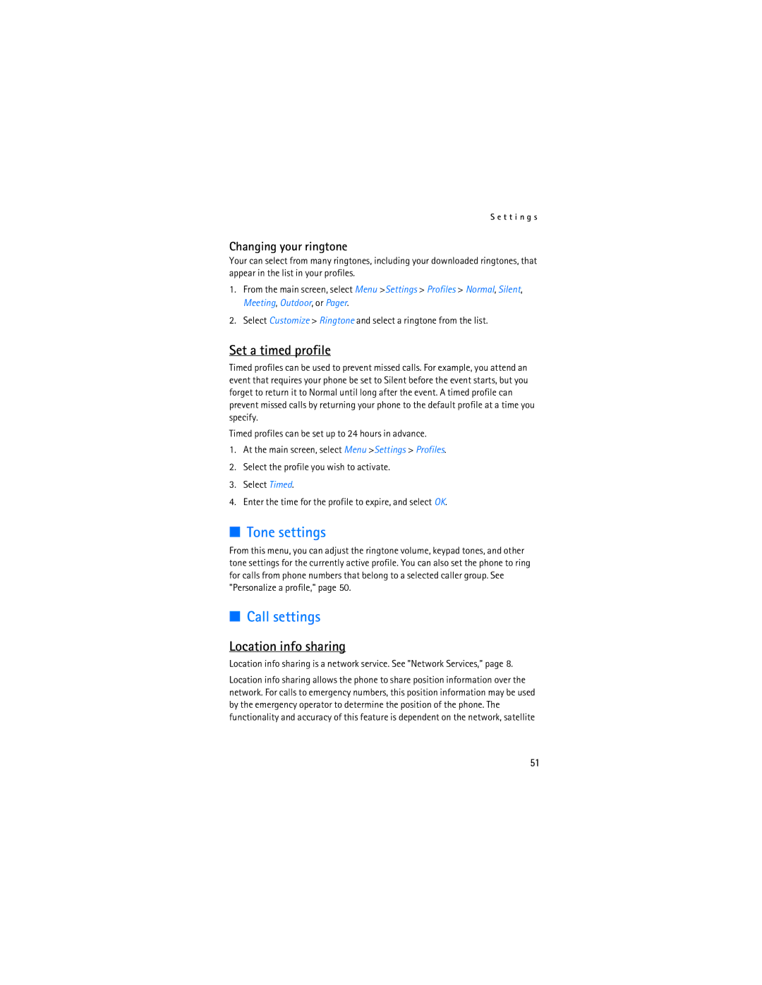 Nokia 2115i manual Tone settings, Call settings, Set a timed profile, Location info sharing, Changing your ringtone 