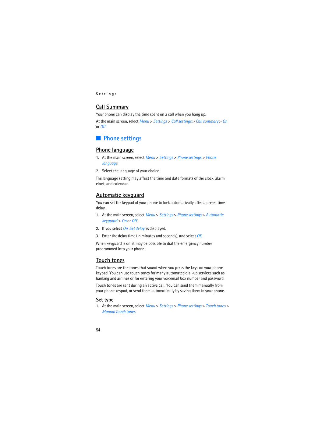 Nokia 2115i manual Phone settings, Call Summary, Phone language, Automatic keyguard, Touch tones 